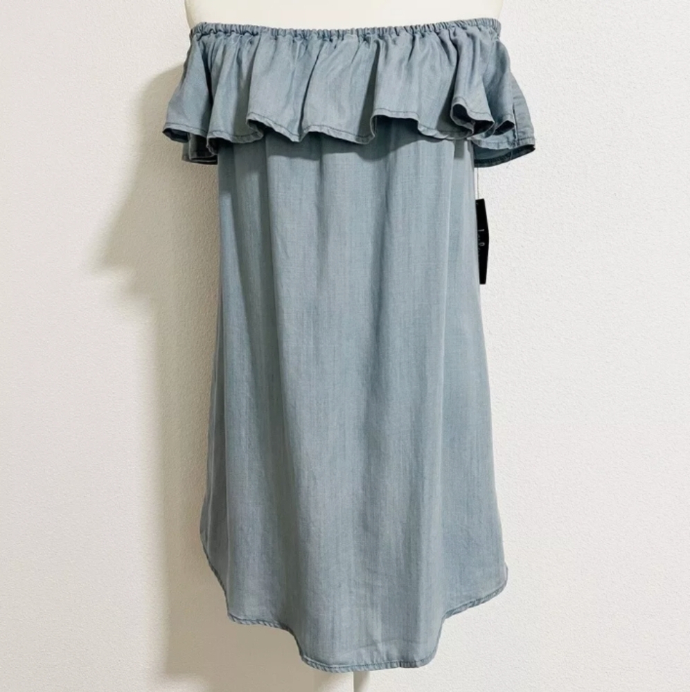 Lulus Standout Chambray Off Shoulder Ruffle Mini Dress Blue Lyocell Medium - Picture 11 of 11